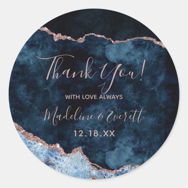 Navy Blue Rose Gold Marble Agate Wedding Thank You Classic Round Sticker (Front)