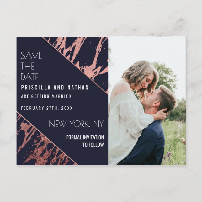 Navy Blue Rose Gold Marble Diagonal Save the Date Postcard (Front)