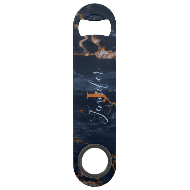 Navy Blue Rose Gold Marble Speed Bottle Opener (Front)