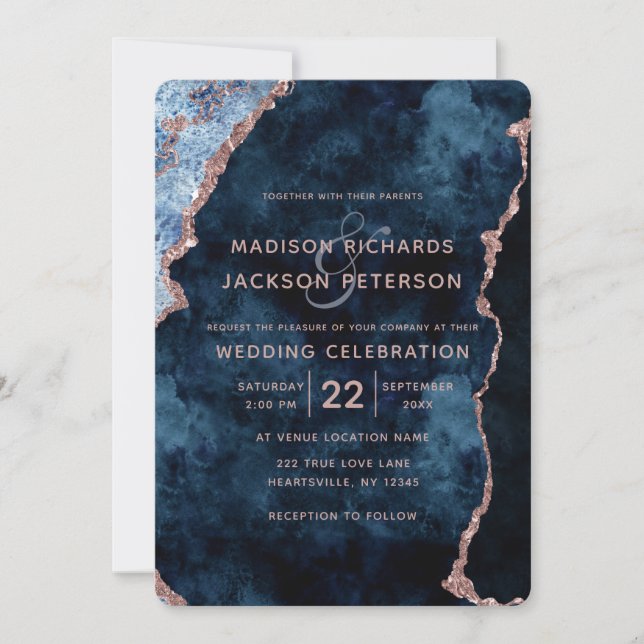 Navy Blue Rose Gold Marble Wedding Invitations (Front)