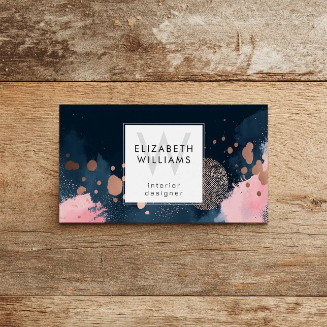 Navy Blue Rose Gold Monogram Business Card (Créateur téléchargé)