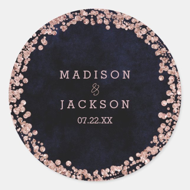 Navy Blue & Rose Gold Monogram Wedding Classic Round Sticker (Front)