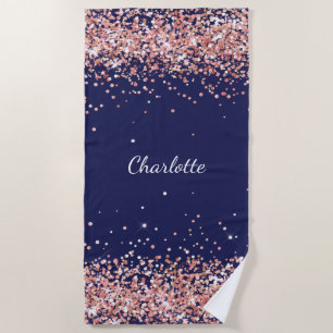 Navy blue rose gold name beach towel