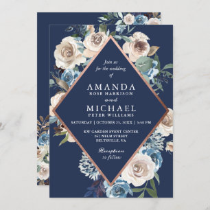 Navy Blue Rose Gold Neutral Floral Wedding Invitation