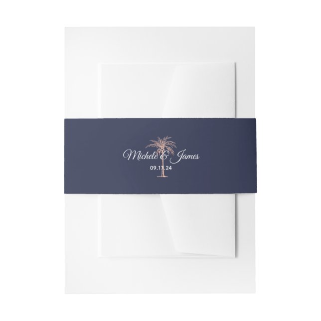 Navy Blue Rose Gold Palm Tree Beach Wedding Invitation Belly Band (Front Example)