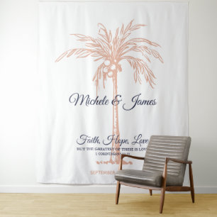Navy Blue Rose Gold Palm Tree Wedding Backdrop Tapestry