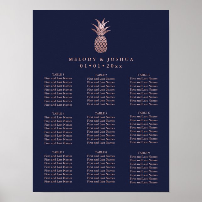 NAVY BLUE ROSE GOLD PINEAPPLE SEATING CHART (Front)