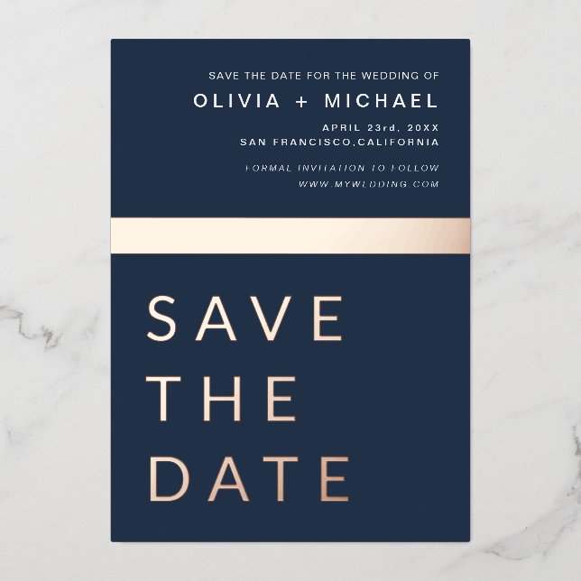 Navy Blue Rose Gold Save the Date Elegant (Front)