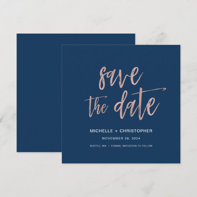 Navy Blue & Rose Gold Save The Date Square Card (Front/Back)
