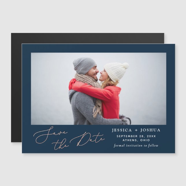 Navy Blue & Rose Gold Script Photo Save the Date Magnetic Invitation (Front/Back)