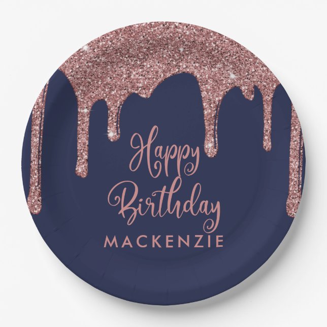Navy Blue Rose Gold Sparkle Glitter Drips Birthday Paper Plate (Front)