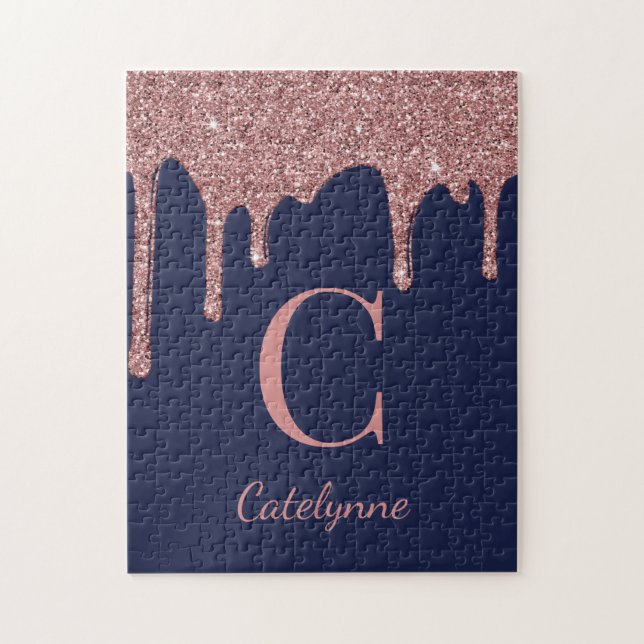Navy Blue Rose Gold Sparkle Glitter Drips Monogram Jigsaw Puzzle (Vertical)