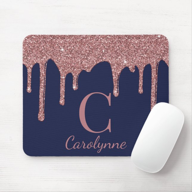 Navy Blue Rose Gold Sparkle Glitter Drips Monogram Mouse Pad (With Mouse)