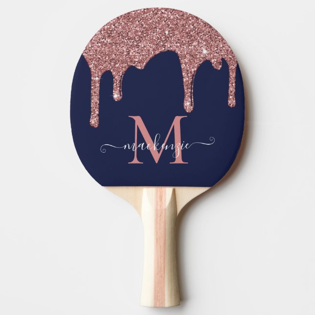 Navy Blue Rose Gold Sparkle Glitter Drips Monogram Ping Pong Paddle (Front)