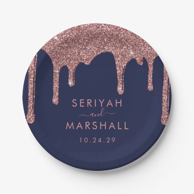 Navy Blue Rose Gold Sparkle Glitter Drips Wedding Paper Plate (Front)