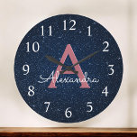 Navy Blue & Rose Gold Sparkle Glitter Monogram Large Clock<br><div class="desc">Navy Blue and Pink Rose Gold Sparkle Glitter Monogram Name and Initial Serving Wall Clock. The Wall Clock makes the perfect gift for someone who loves Pink Rose Gold and Midnight Blue sparkle glitter.</div>