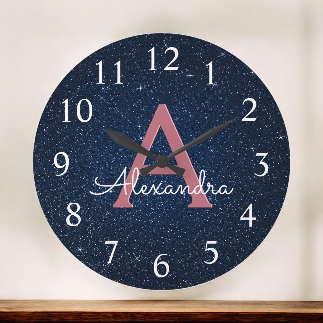 Navy Blue & Rose Gold Sparkle Glitter Monogram Large Clock (Creator Uploaded)