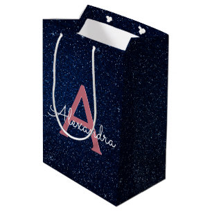 Navy Blue & Rose Gold Sparkle Glitter Monogram Medium Gift Bag