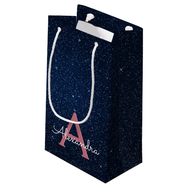 Navy Blue & Rose Gold Sparkle Glitter Monogram Small Gift Bag (Back Angled)