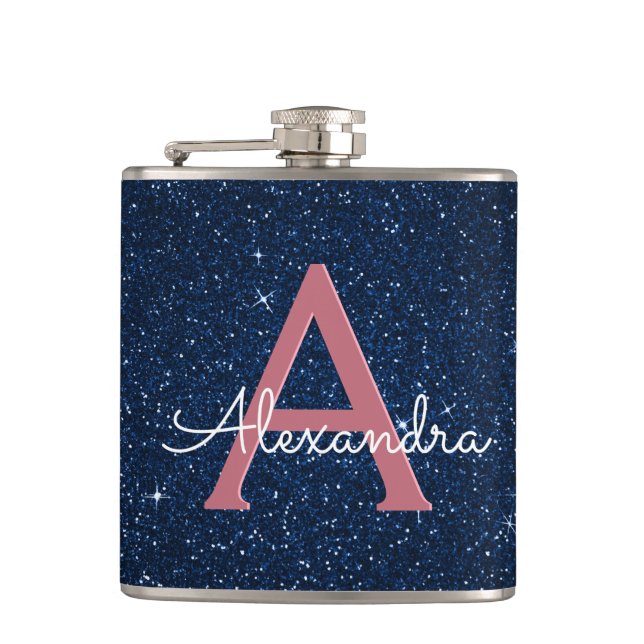 Navy Blue & Rose Gold Sparkle Monogram Initial Hip Flask (Front)