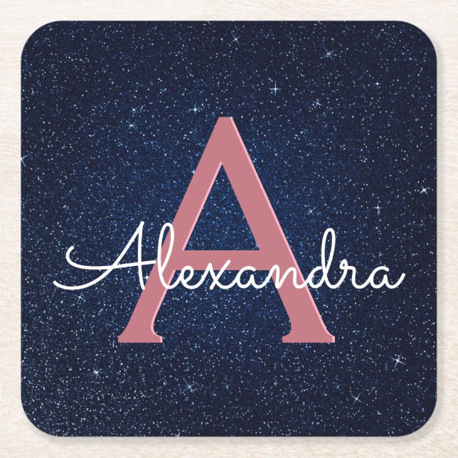 Navy Blue & Rose Gold Sparkle Monogram Initial Square Paper Coaster (Front)
