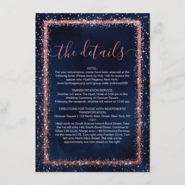 Navy Blue Rose Gold Sprinkled Confetti Details Enclosure Card (Front)