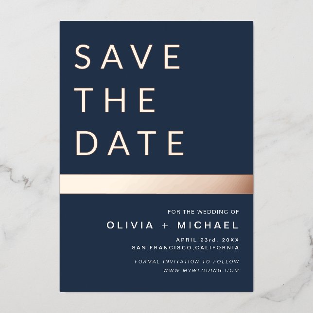 Navy Blue Rose Gold Stripe Save the Date Elegant  (Front)