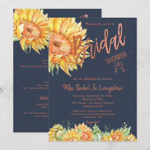 Navy Blue Rose Gold Sunflower Bridal Shower Detail Invitation