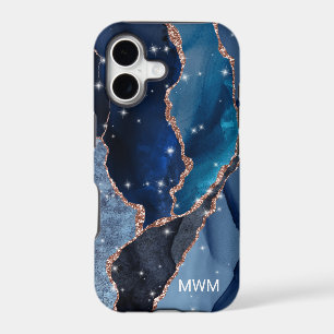 Navy Blue Rose Gold Veins Agate Monogram