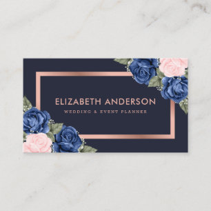 Navy Blue Rose Gold Watercolor Floral Business Card