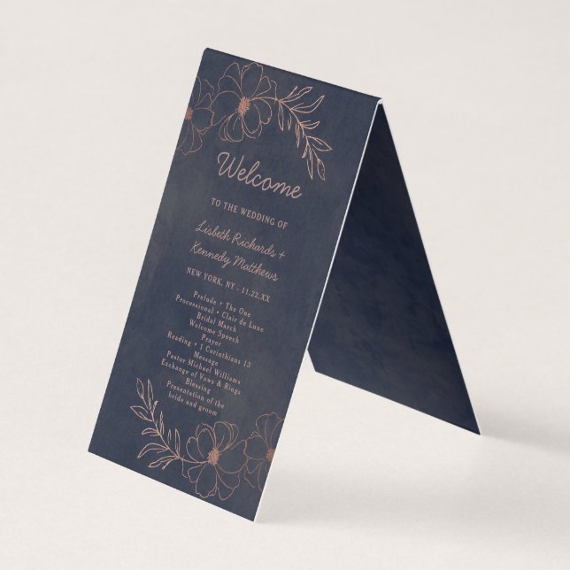 Navy Blue & Rose Gold Wedding Ceremony Program (Front)