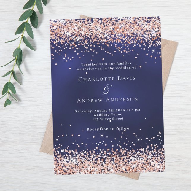 Navy blue rose gold wedding invitation (Creator Uploaded)