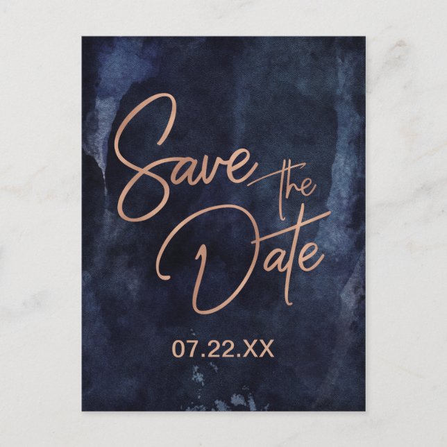 Navy Blue & Rose Gold Wedding Save the Date Announcement Postcard (Front)