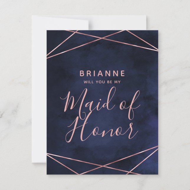 Navy Blue & Rose Gold Will You Be My Maid of Honou Invitation (Front)
