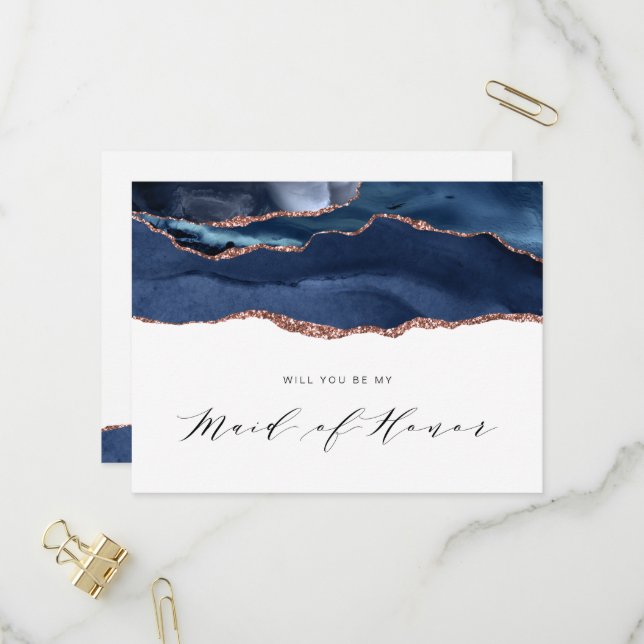 navy blue rose gold will you be my Maid of Honour Invitation Postcard (Front/Back In Situ)