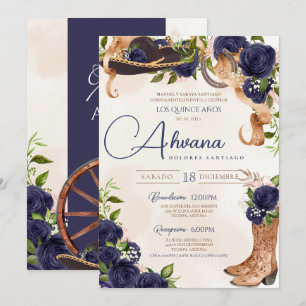 Navy Blue Rose Vintage Charro Western Quinceañera Invitation