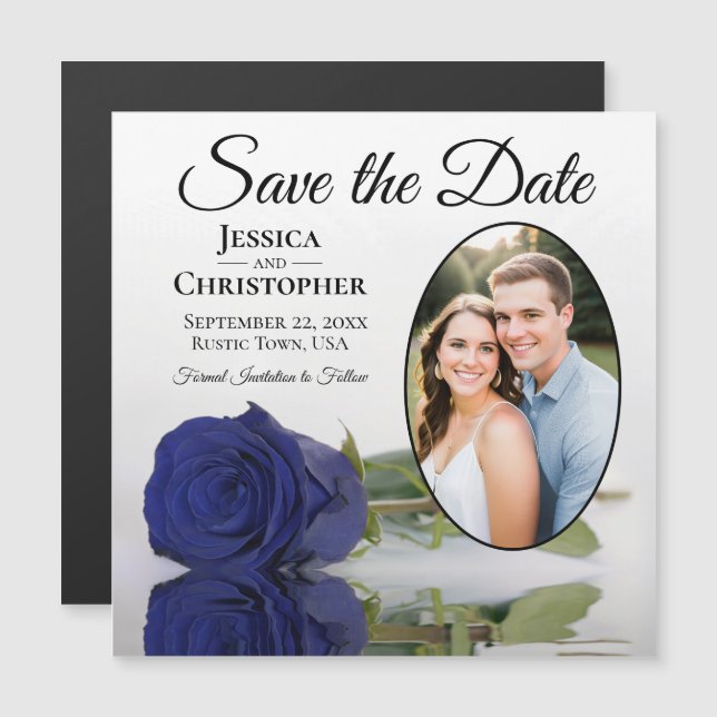 Navy Blue Rose Wedding Save The Date Photo Magnet (Front/Back)