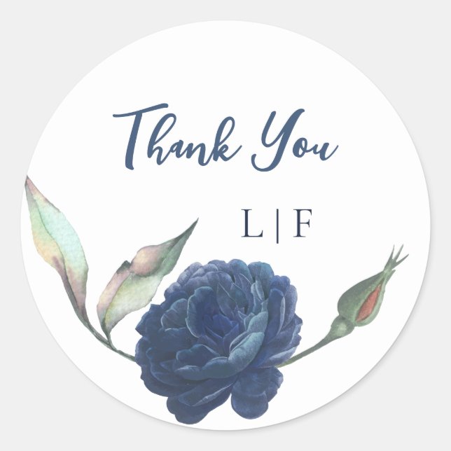 Navy Blue Rose Winter Wedding Thank You Classic Round Sticker (Front)