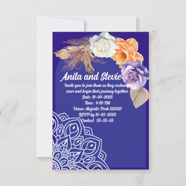 Navy Blue roses and mandala wedding Invitation (Front)