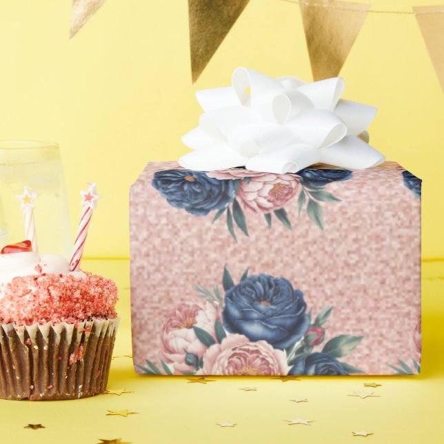 Navy Blue Roses and Rose Gold Peony Wedding  Wrapping Paper (Birthday Party)