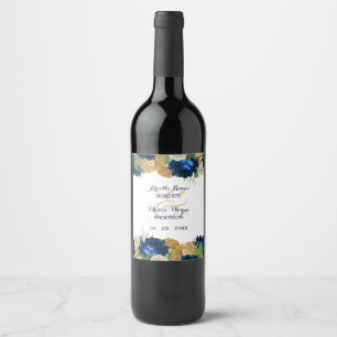 Navy Blue Roses Boho Gold Wine Label