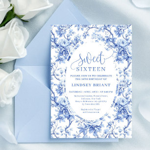 Navy Blue Roses Digital Floral Sweet Sixteen Invitation