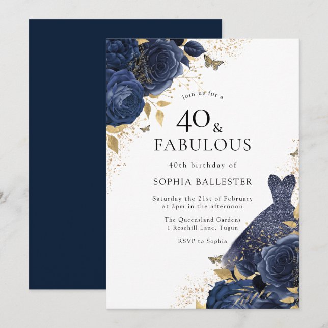 Navy Blue Roses & Dress Gold 40 & Fabulous 40th Invitation (Front/Back)