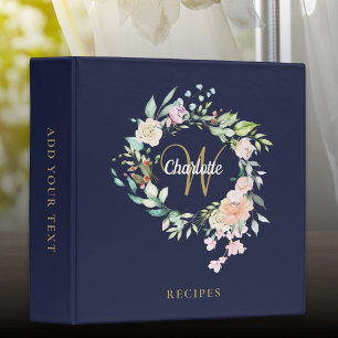 Navy Blue Roses Floral Gold Monogram Recipe Binder