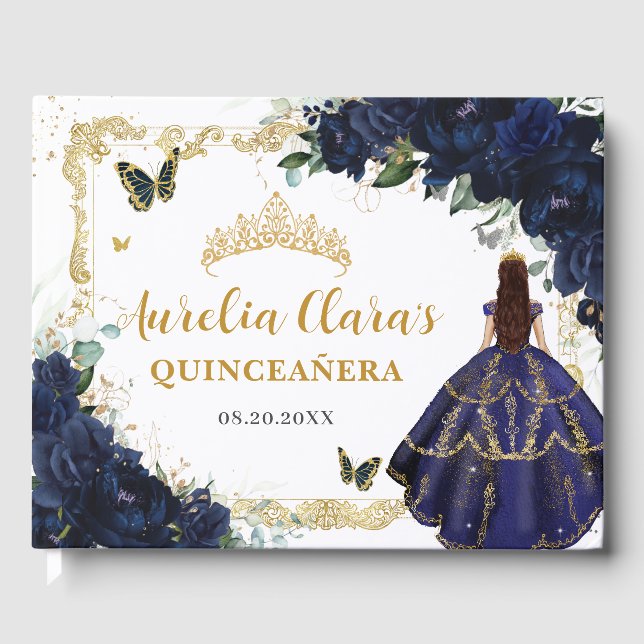 Navy Blue Roses Floral Princess Gold Quinceanera  Guest Book (Front)