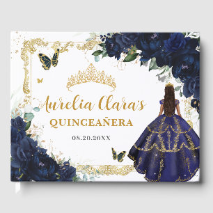 Navy Blue Roses Floral Princess Gold Quinceanera Guest Book