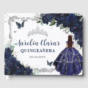 Navy Blue Roses Floral Princess Quinceañera 15 16 Guest Book