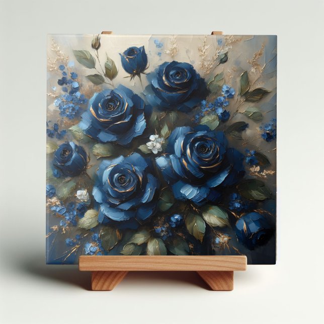 Navy Blue Roses Gold Gilding Impressionist Art Tile (Creator Uploaded)