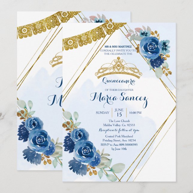 Navy Blue Roses Mis Quince Invitation (Front/Back)
