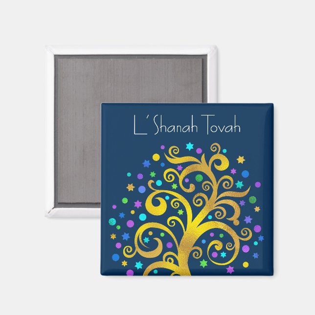 Navy Blue Rosh Hashanah Gold Tree of Life Modern Magnet (Front/Back)